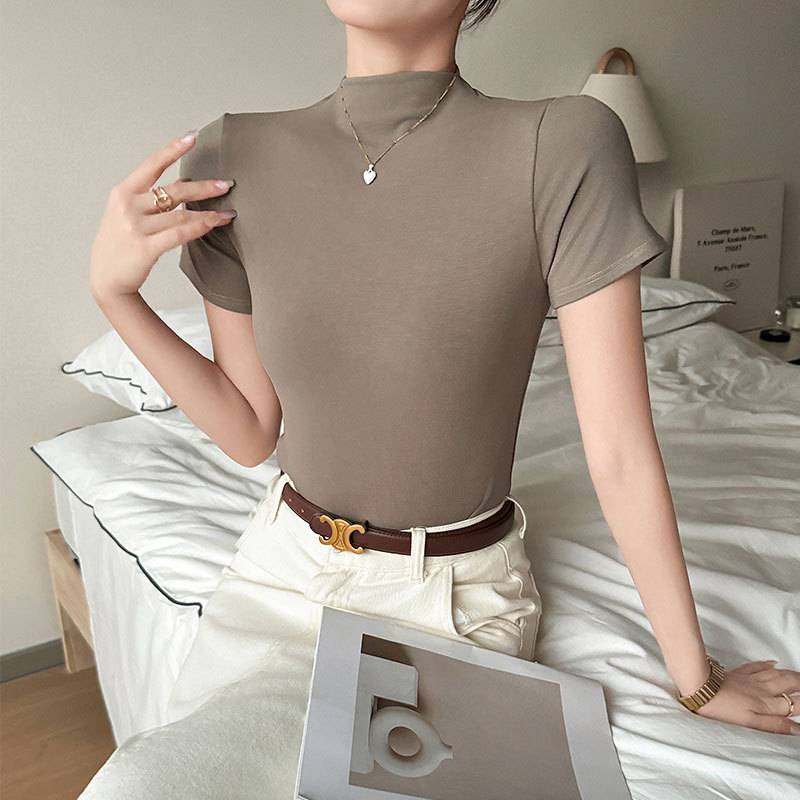 봄, 가을 여성용 엄선한 한국식 오른쪽 어깨 반팔 티셔츠 하프 터틀넥 5부 소매 바닥 슬리밍 탑