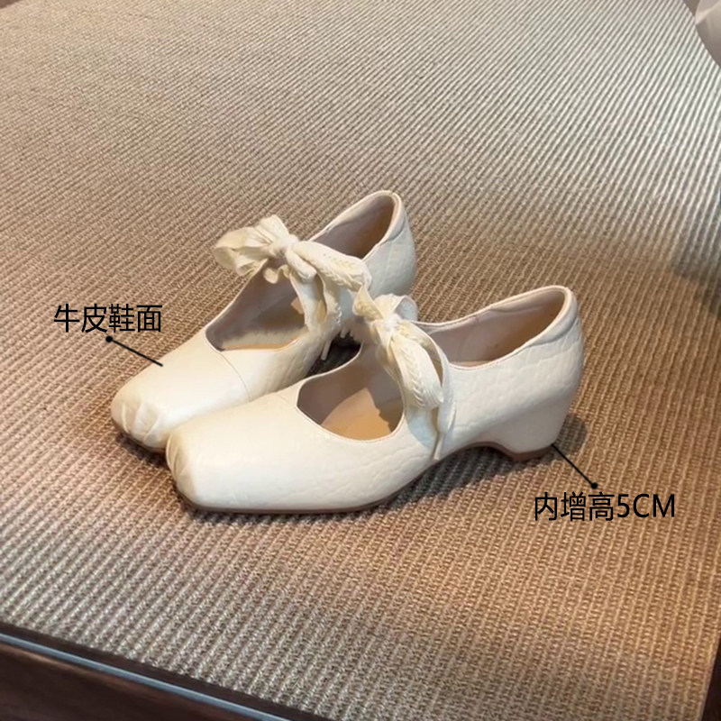 Cowhide Version~ Korean-Style Lace-Up Square-Toe Mary Jane Shoes with 5cm Hidden Height Increase, Sweet French-Style Shallow Mouth Shoes for Petite Women