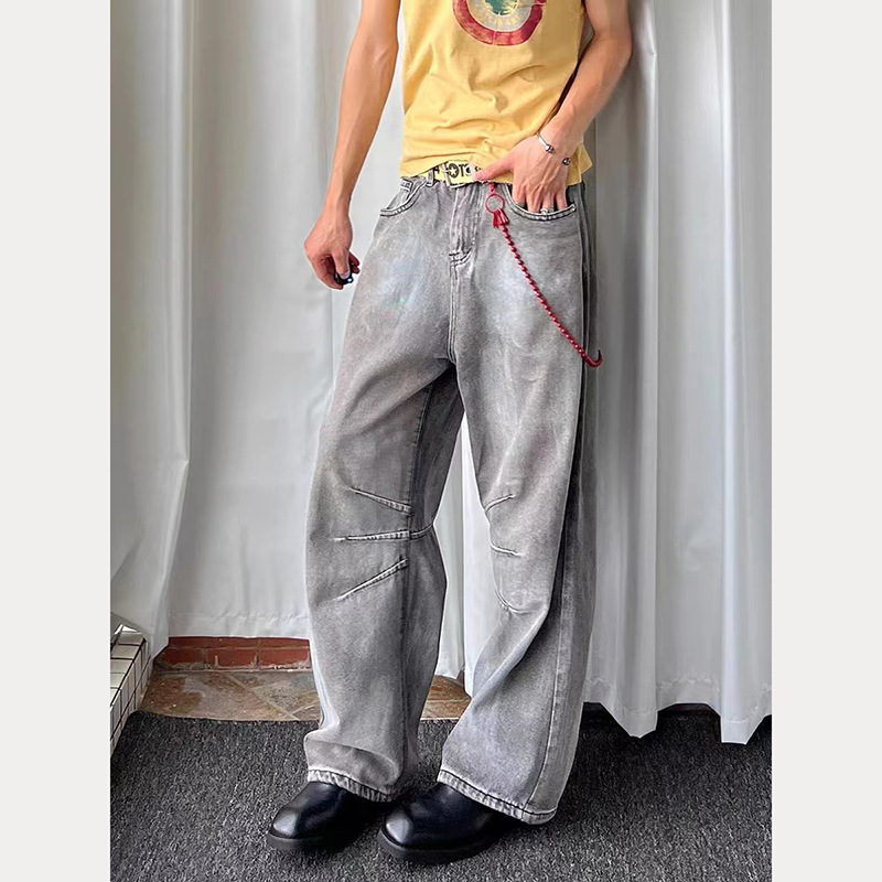 American Vintage Heavy Wash Light Gray Faded Jeans Unisex High Street Loose Fit Wide Leg Straight Pants_mkmklike.com