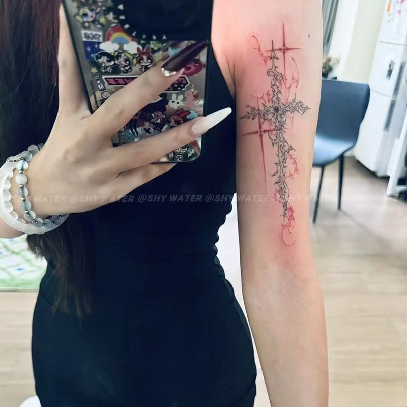Explosive Stream of Consciousness Cross Sword Color Tattoo Personalized Advanced Washable Lasting Arm Simulation Hot Girl Scar Cover Cool