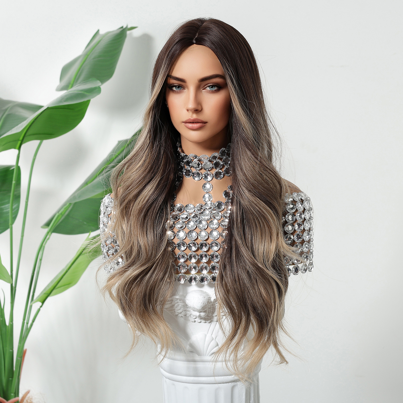 Peluca de moda para mujer, estilo transfronterizo, con raya en medio, castaño degradado, cabello largo rizado, ondas grandes, fibra mate resistente al calor, peluca completa.