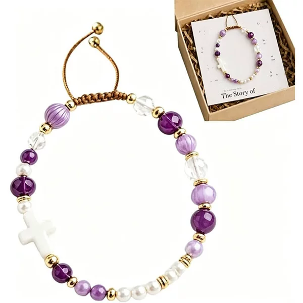 Crystal Cross Bracelet with Amethyst and White Pearl Cross Rhombus Beads Faith Bracelet Amethyst Cross Bracelet