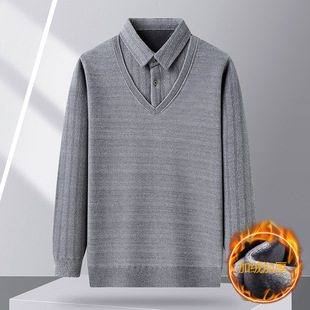 Winter Thickened Men's Faux Two-Piece Sweater with Shirt Collar, Middle-Aged Long-Sleeve Solid Color Fleece-Lined Warm Wrinkle-Free Sweater
