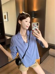 polo领拉链正肩衬衫女秋2025新款韩系气质宽松显瘦设计感纯色上衣