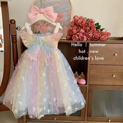 Girls' Summer Dress 2024 Children's Formal Tank Top Princess Dress Baby Dreamy Fairy Butterfly Rainbow Skirt