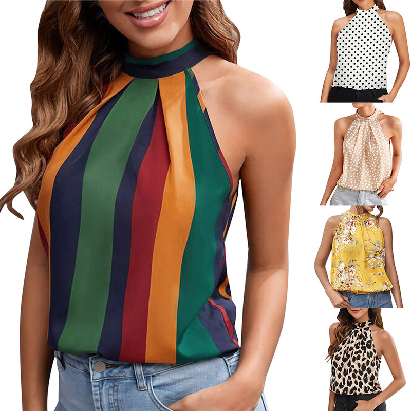 Amazon Spring and Summer New Elegant Sexy Printed Bow Tie Neck Shoulder Sleeveless T-shirt Top
