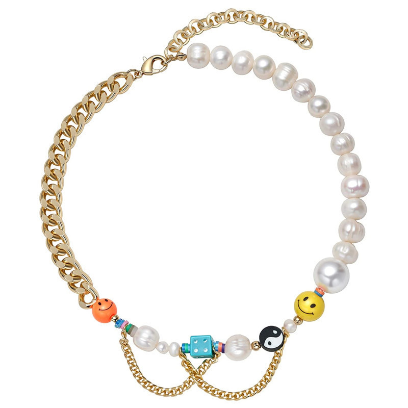 Simple Lucky Smiley Cuban Chain Copper 18k Gold Plated Pearl Necklace Wholesale Nihaojewelry display picture 2