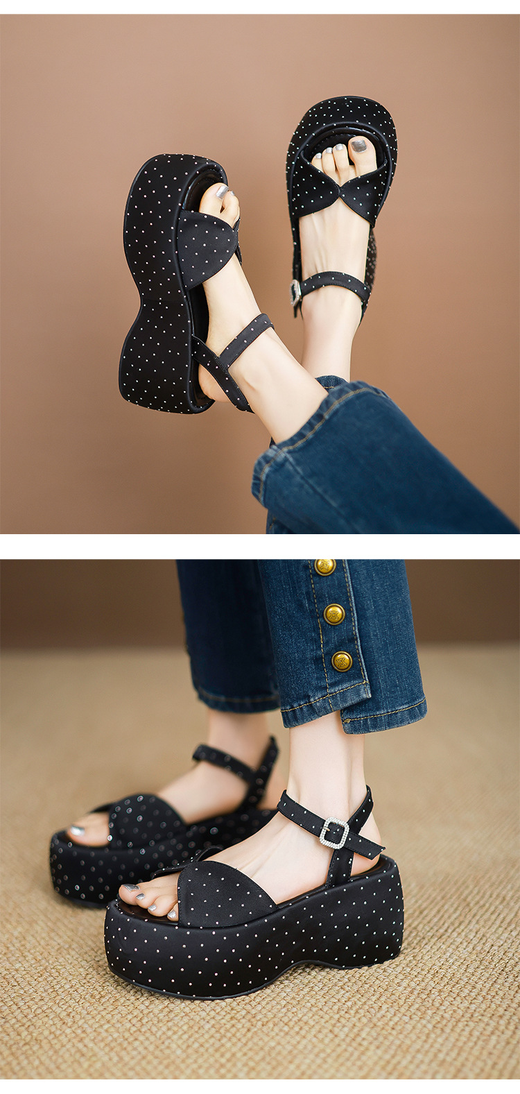 Sandal cao gót nữ đế dày hở mũi kiểu Pháp đính đá phong cách thơm nhỏ quai ngang La Mã gót nhọn — Màu đen, Màu trắng be, Màu mơ chi tiết 15