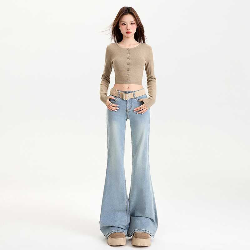 Light Blue Flared Jeans for Women, Low-Waisted Pants, Slimming Floor-Length Pants, Black and White Wholesale