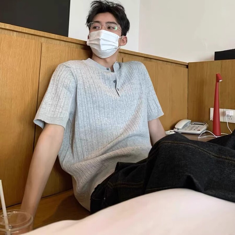 High-End Knitted Pure Color Pullover Button Short-Sleeved T-Shirt Men's Summer Korean Style Loose Henry Collar Polo Shirt Top