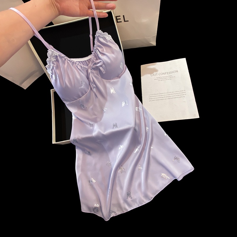 2025 New Sexy Nightgown for Women Summer Suspender Ice Silk Pajamas Ins Printed Pure Lust Pajamas with Breast Pads