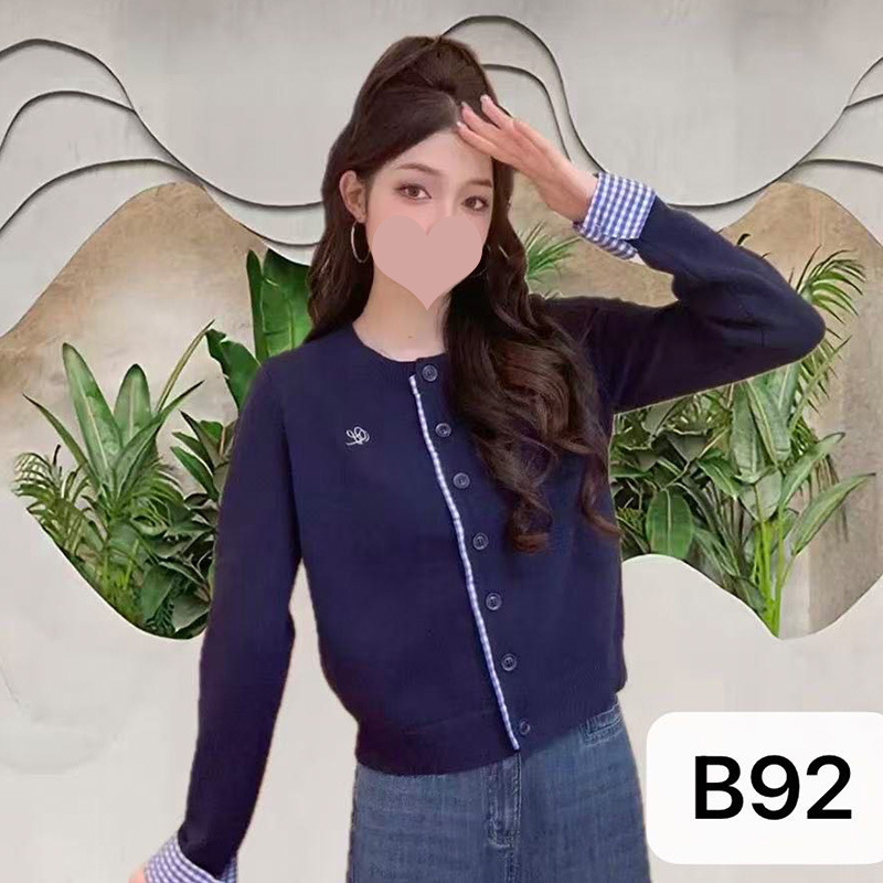 韩版显瘦圆领刺绣拼接格子针织开衫上衣女装外贸跨境毛织衫工厂|undefined