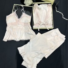 海岛绒睡衣女秋冬新款加厚保暖性感蕾丝花边吊带长袖家居服三件套