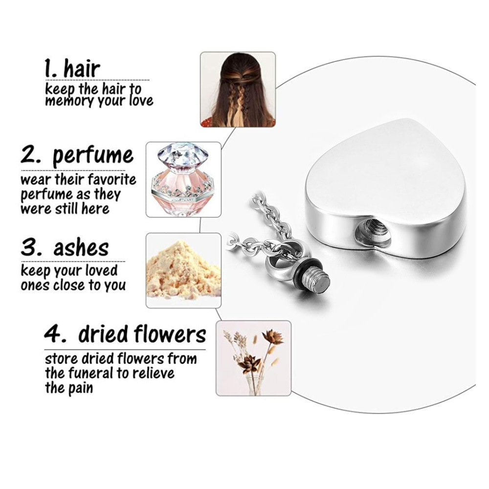 Amazon caliente de acero inoxidable cenizas en forma de corazón colgante conmemorativo mascota gato perro cenizas sigue siendo collar puede ser grabado