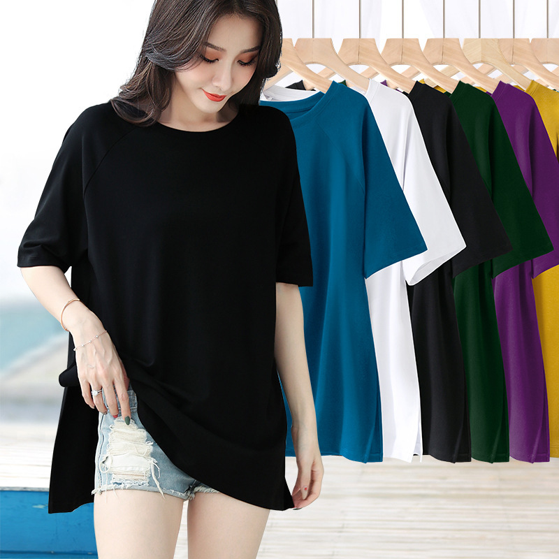 Black Hem Side Split Mid-length Loose Short-sleeved T-shirt Women's Summer plus size Pure White Large T-shirt