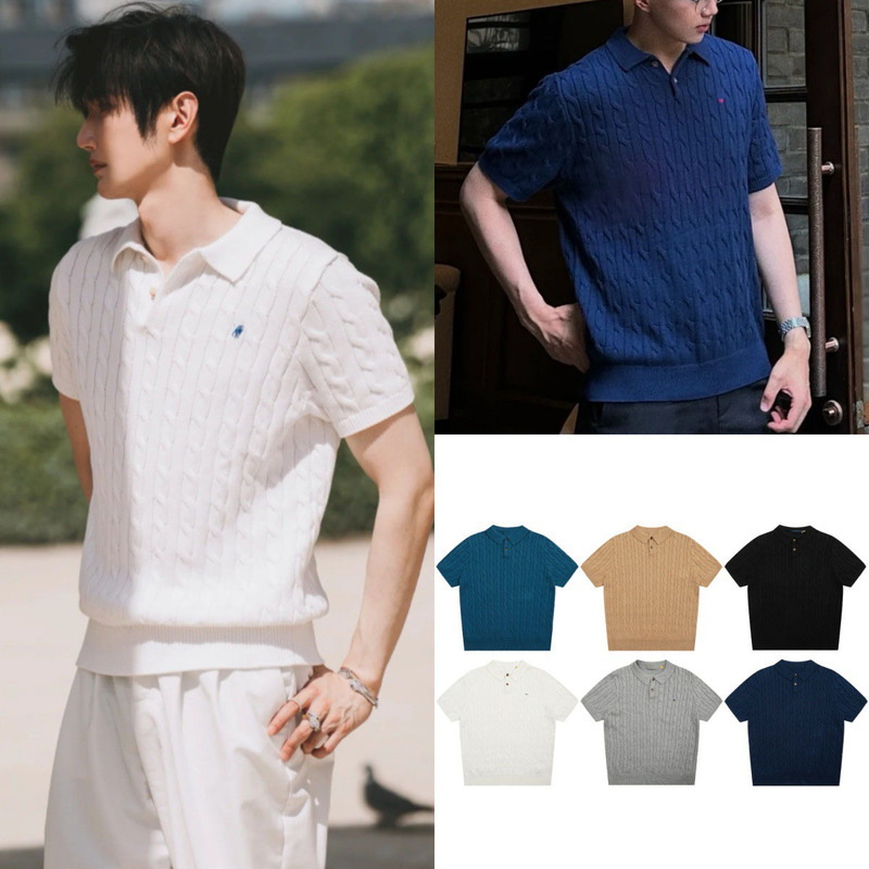 Rl Laff Pony Logo Embroidered Brown Two-Button Turn-Down Collar Twist Polo Men's Knitted Short Sleeve Shirt Pure Cotton Casual Top Rl Laff Pony Logo Embroidered Brown Two-Button Turn-Down Collar Twist Polo Men's Knitted Short Sleeve Shirt Pure Cotton Casual Top