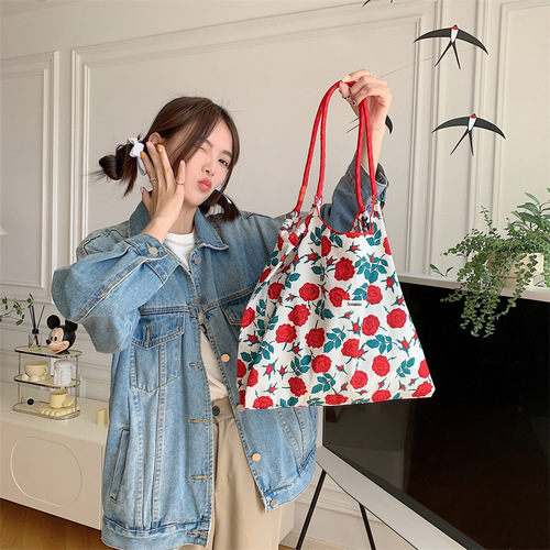 35243 Korean style summer large capacity hand shoulder bag drawstring shopping bag fresh floral tote bag armpit bag