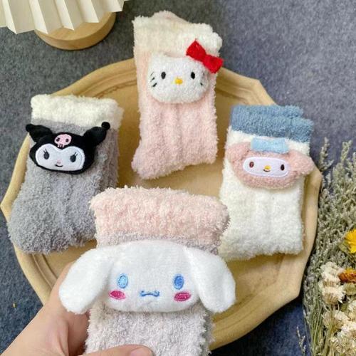 Threeleaf Coral Fleece Slippers with Breathable, Thick, and Warm White Lolita Cute Cartoon Sleep Floor Socks