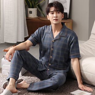 New Cotton Pajamas for Men in Spring and Summer Short-Sleeved Trousers That Can Be Worn Outside Large Size Lapel Casual Men's Home Clothes Wholesale