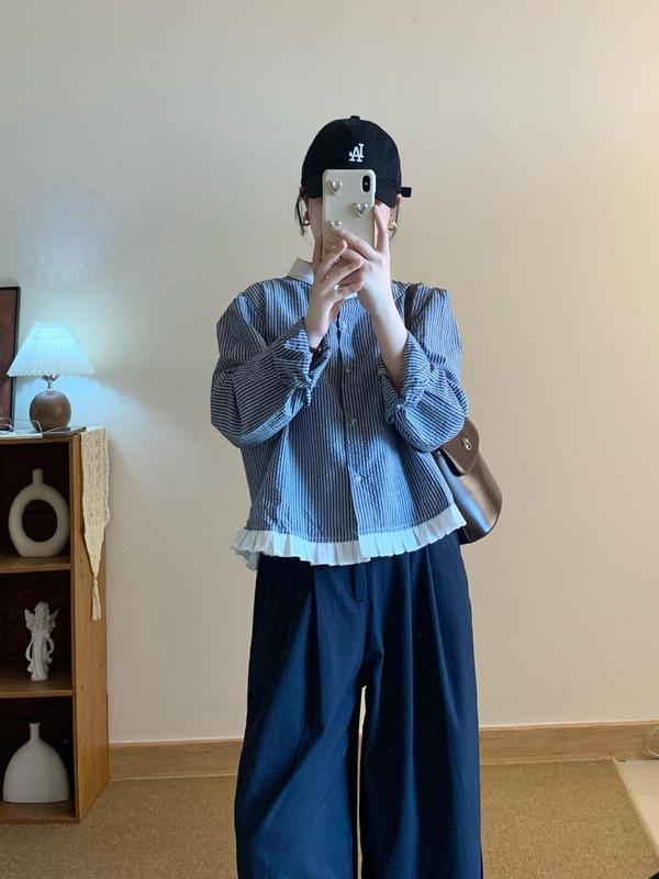 入秋搭配一整套大码胖mm盐系轻熟高级感条纹长袖衬衫休闲裤套装女|undefined