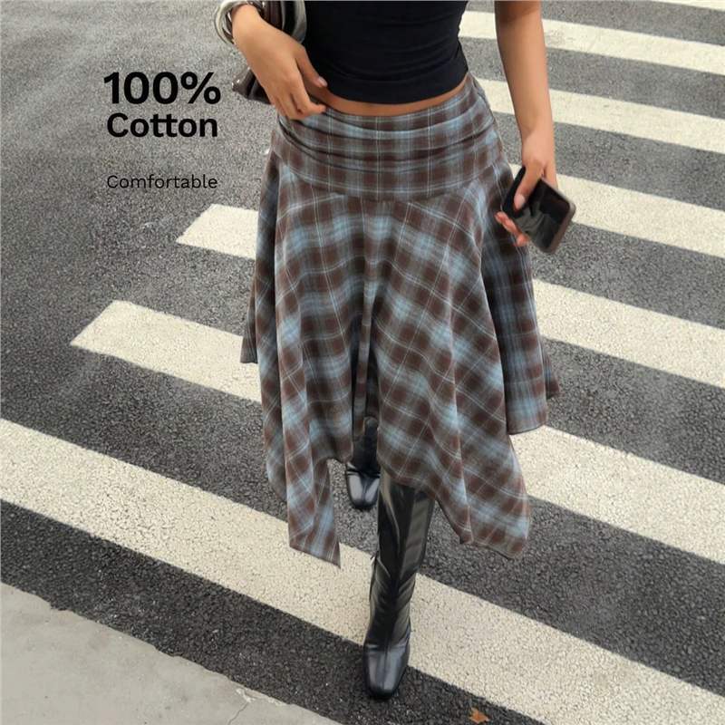 Cross-Border Autumn and Winter Plaid Irregular New Autumn Design High-Waisted Tie-Up Versatile Plaid Short Skirt