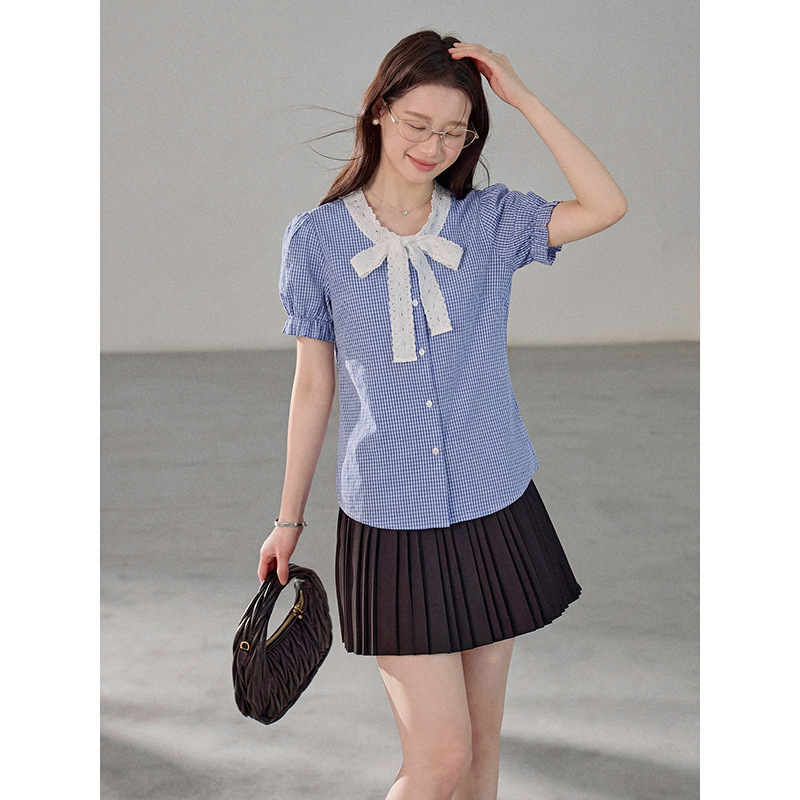 【Geming】French-Style 2026 Summer New Retro Lace-Up Puff Sleeve Striped Shirt Women's Top Y1856F 【Geming】French-Style 2026 Summer New Retro Lace-Up Puff Sleeve Striped Shirt Women's Top Y1856F