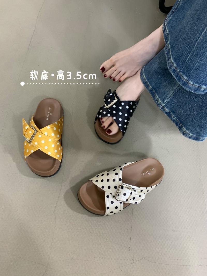 Women's Slip-on Slippers With White Polka Dot Pattern For Summer_voghion.com