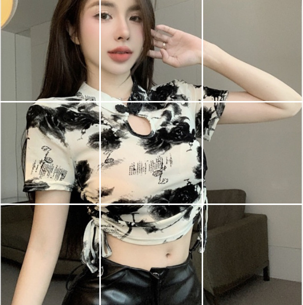 新中式复古水墨画上衣夏季盘扣抽绳修身T恤小衫5017黑花色上衣