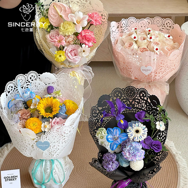 Qisejangwang Red Sea Salt Queso Ramo redondo cuadrado Papel de envolver Papel de encaje tridimensional Envoltura de encaje hueco Flor