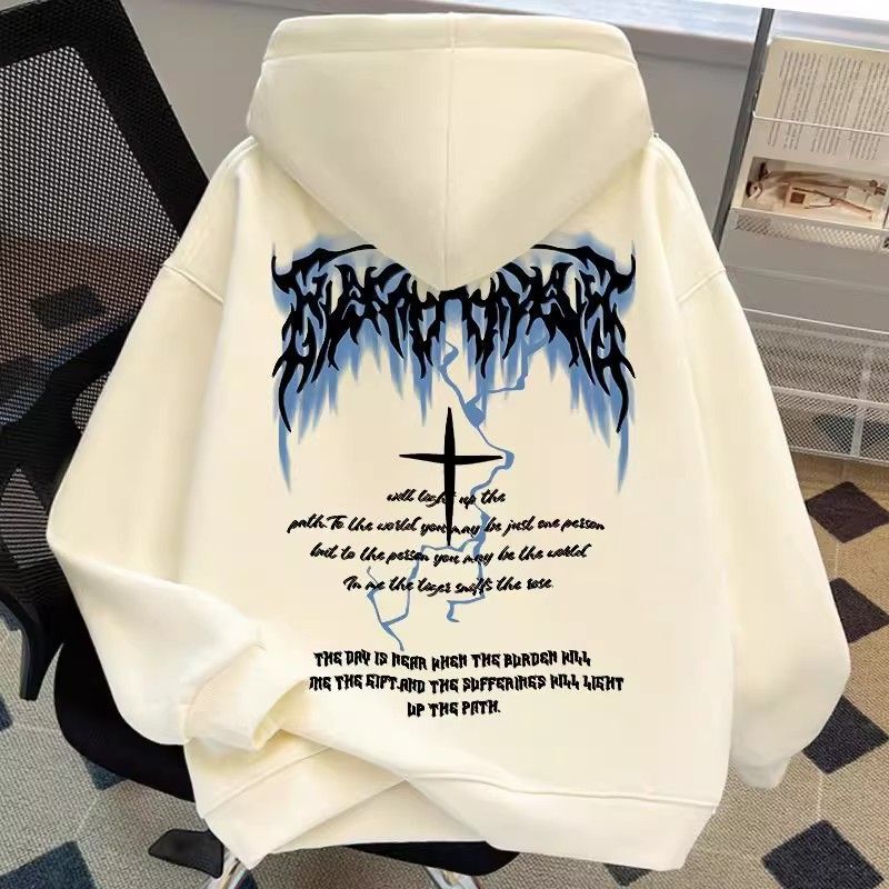 American Hiphop High Street Letter Printed Hooded Sweatshirt for Men in Autumn and Winter Fleece-Lined and Thickeneded Couple Style Loose Jacket