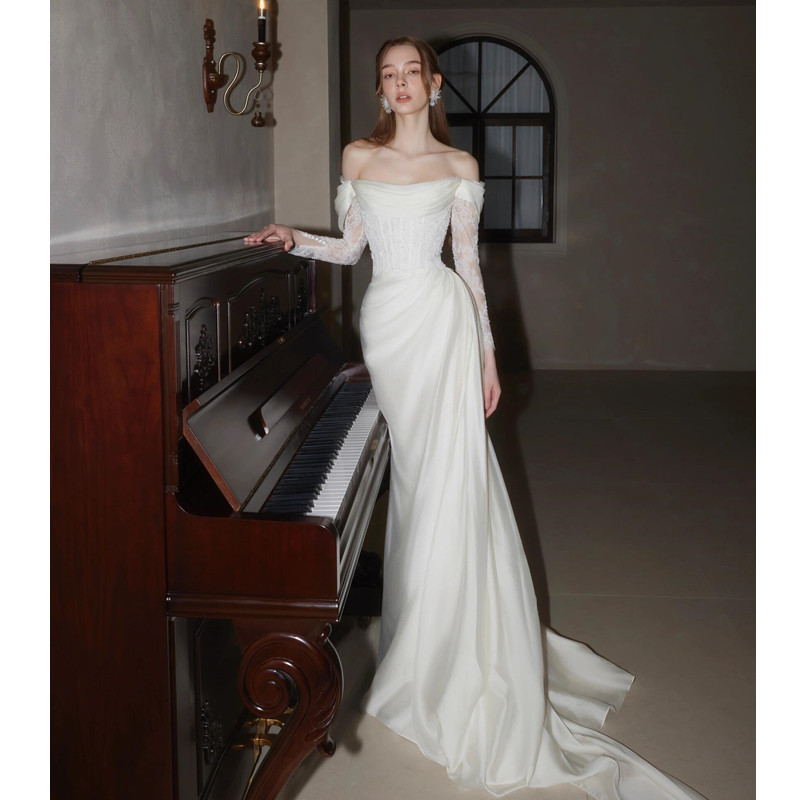French Off-Shoulder Light Lace 2025 New White Slimming Small Train Bride Wedding Reception Dress_voghion.com
