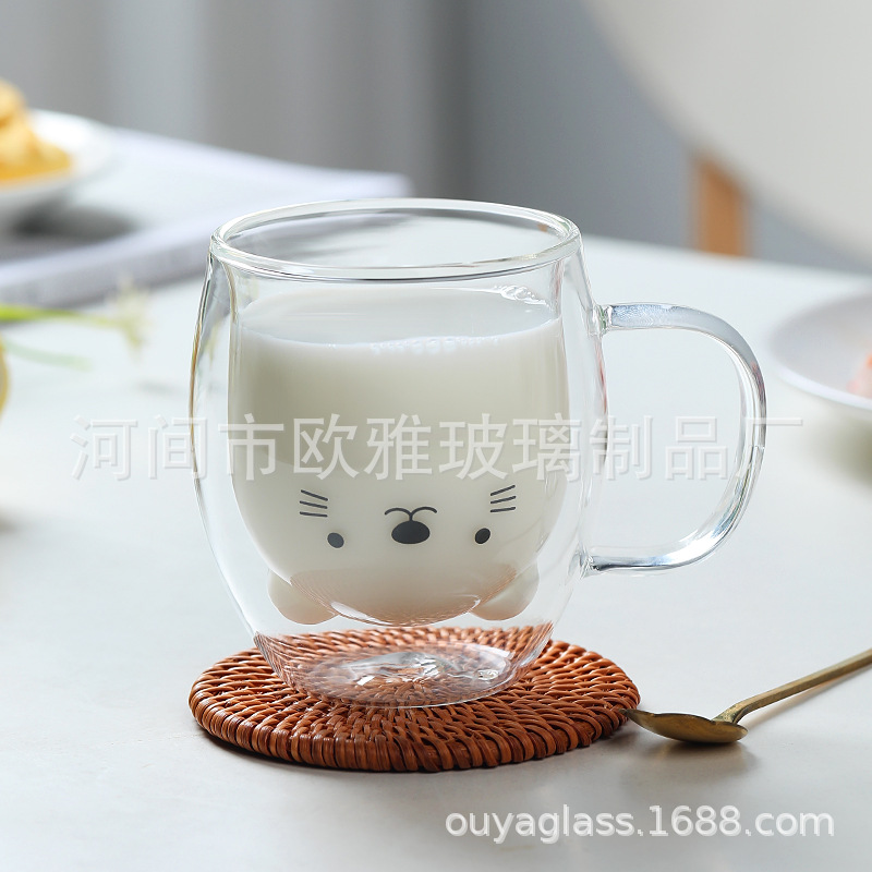 Vidrio de dibujos animados marca leche jugo oso doble capa taza de café borosilicato colorido lindo hogar taza de té