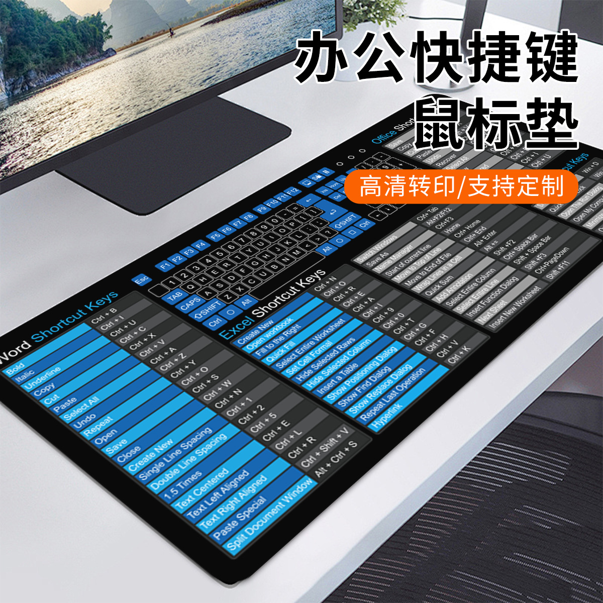 跨境全英文办公快捷键鼠标垫CAD常用PS软件AI多功能超大号桌面垫