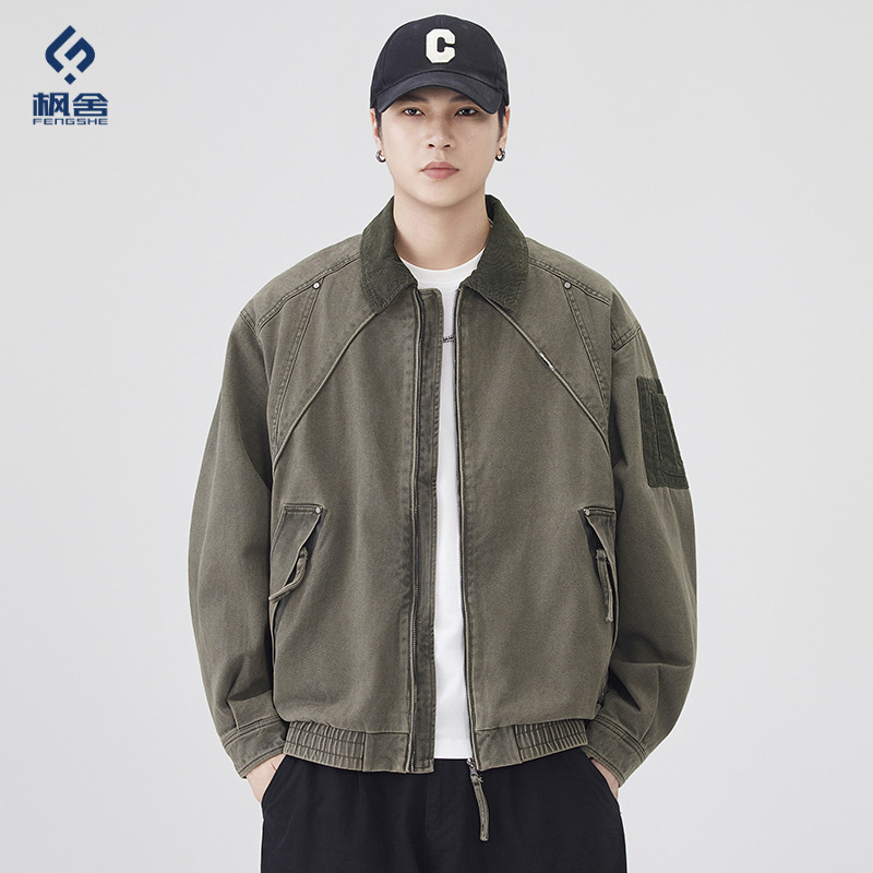 Fengshe Men's Clothing / American-style pure cotton jacket, trendy retro loose-fitting windproof stand-up collar jacket, stylish and casual top