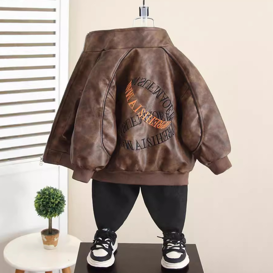 6308 primavera y otoño para niños, chaqueta de cuero con cuello alto fresco y guapo, chaqueta de otoño de la calle frita para niños 2025 nueva chaqueta de cuero para niños
