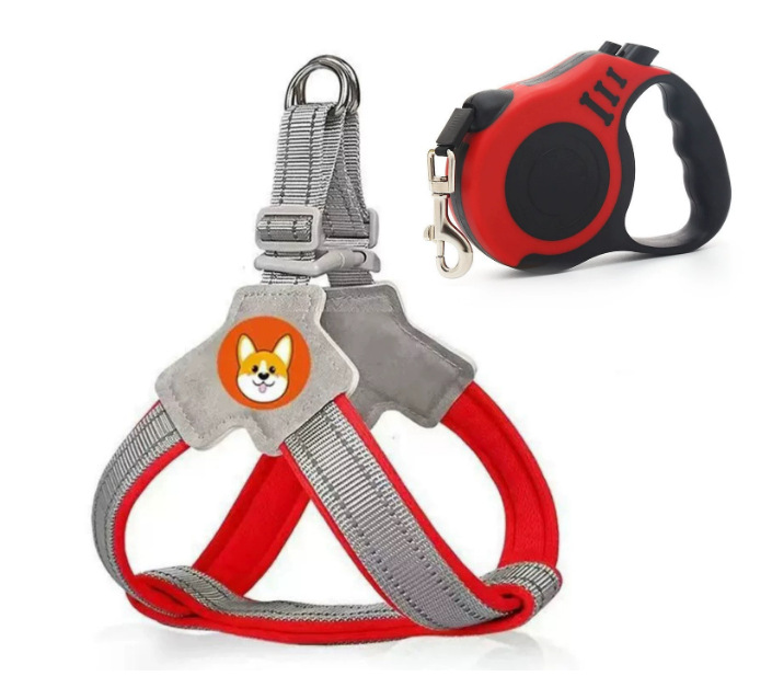 New comfortable red harness + 3m red automatic retractable leash / S [recommended weight 3-6kg]