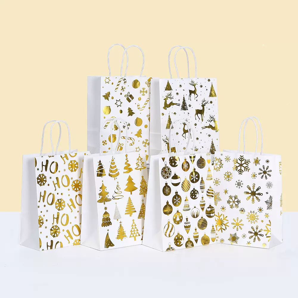 白金色手提袋烫金牛皮纸袋印花圣诞礼品袋购物糖果袋派对礼品袋