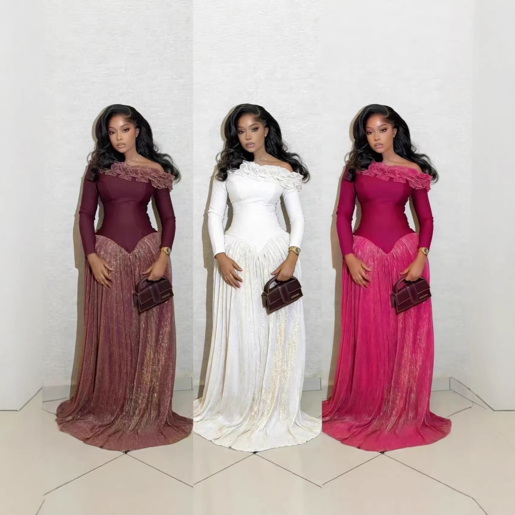 New Spring Retro Luxury Banquet Dress Slimming Long Sleeve Pleated Skirt Women's Fashion Dress_ecoleips.com