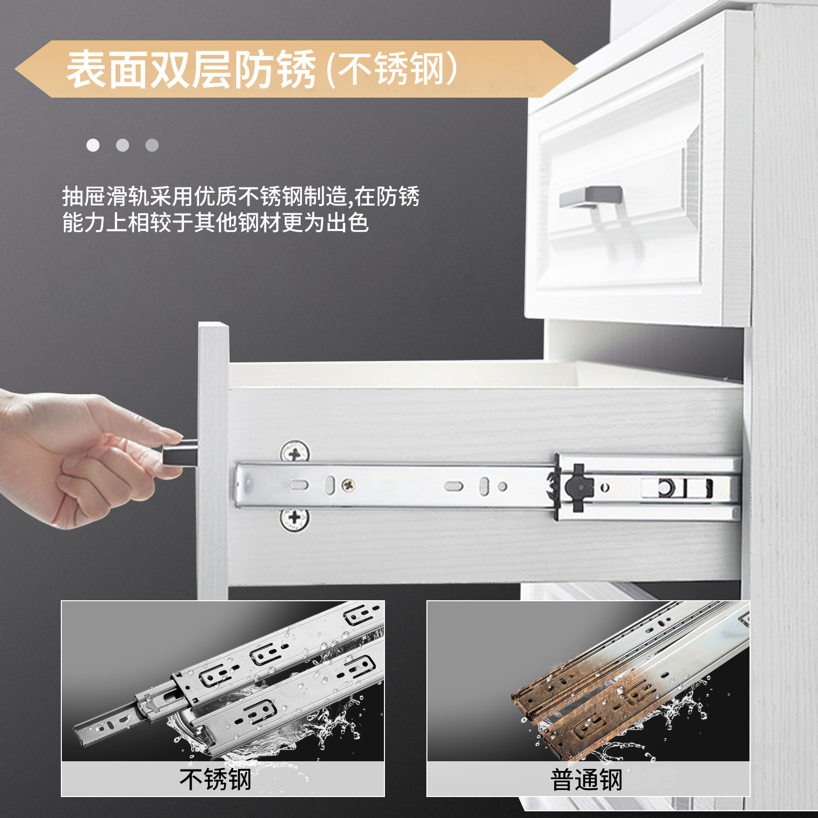 Olixing Stainless Steel Drawer Sliders, Heavy-Duty Three-Section Tracks with Damping Buffer, Silent Wardrobe Cabinet Rails