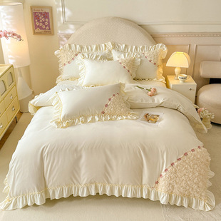 Cross-border French cream style four-piece set skin-friendly sanding ruffled bed skirt bed sheets quilt bedding wholesale
