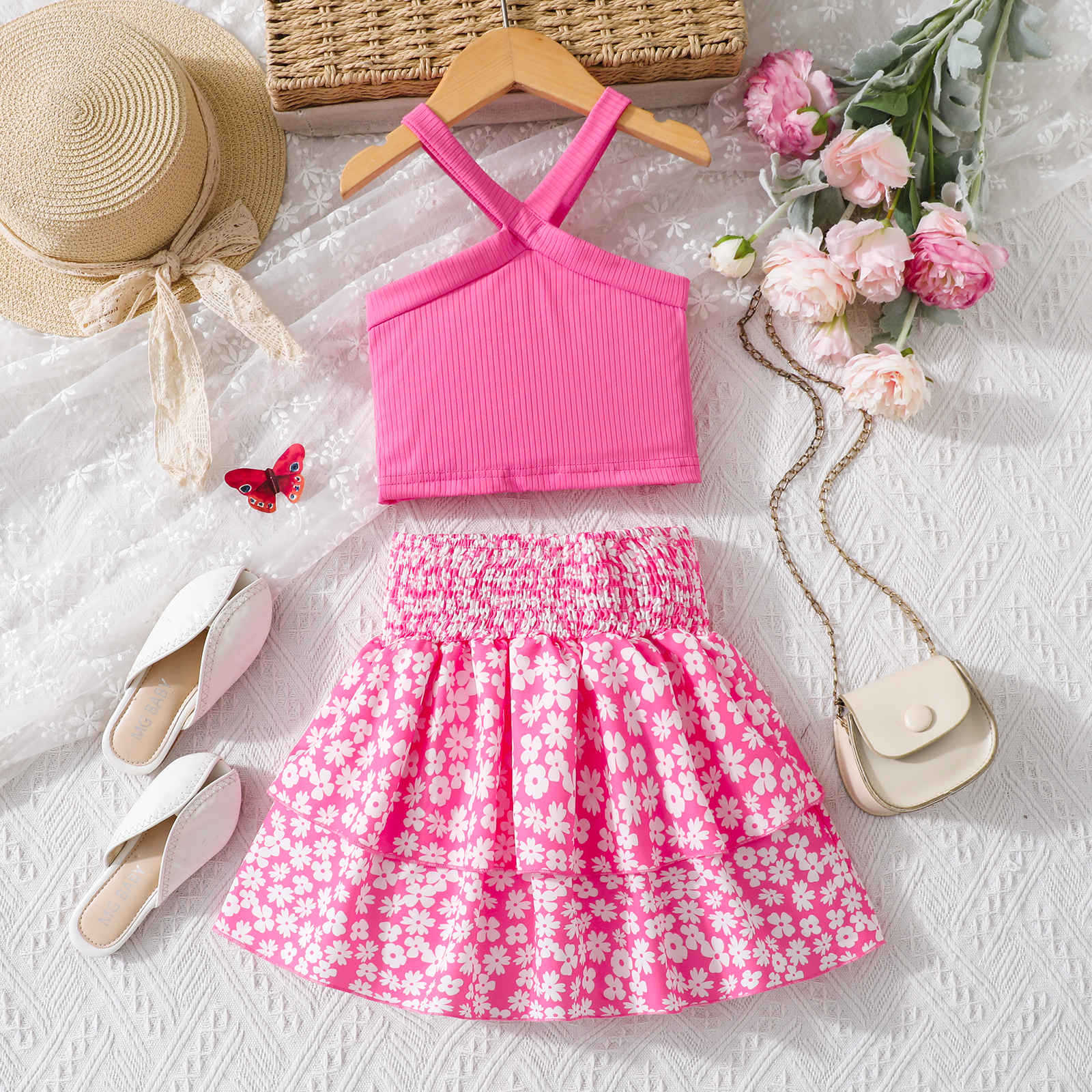 188g Weight Kids Clothing Sets Children's Clothing Type Sleeveless Sleeve Length Polyester Fabric Type Casual Cute Flower Polyester Girls Clothing Sets