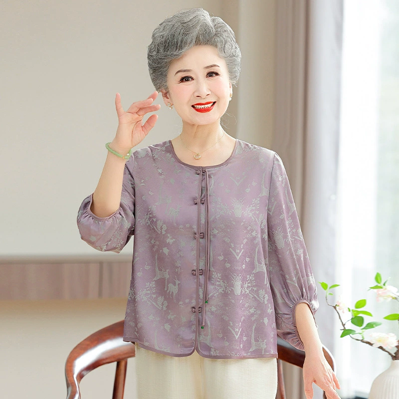 Новая китайская сатиновая жаккардовая рубашка для женщин, лето 2025, новая рубашка с рукавом три четверти и принтом для мам
