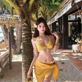 泰国明媚黄色显白可爱少女分体泳衣女比基尼小胸聚拢温泉海边度假