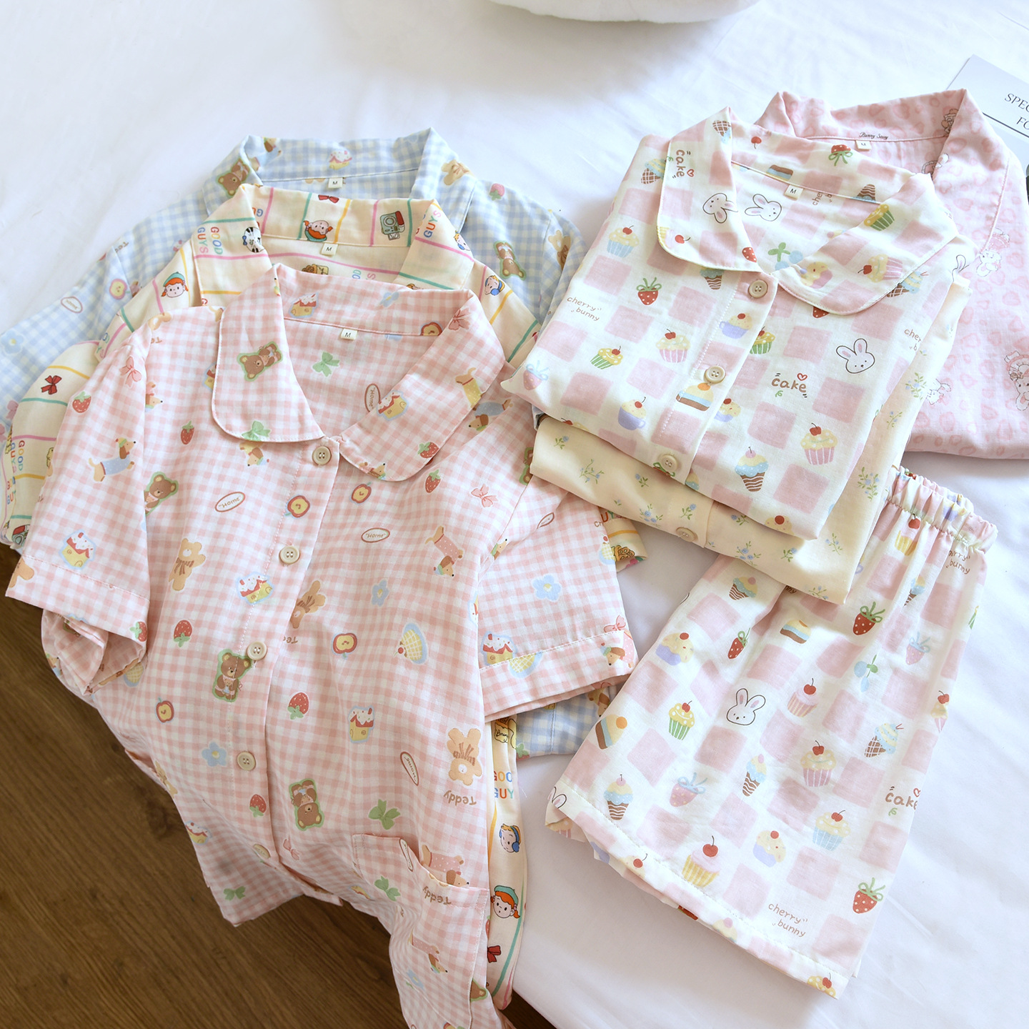韩版睡衣女夏双层棉纱短袖短裤家居服薄款夏天宽松可外穿两件套