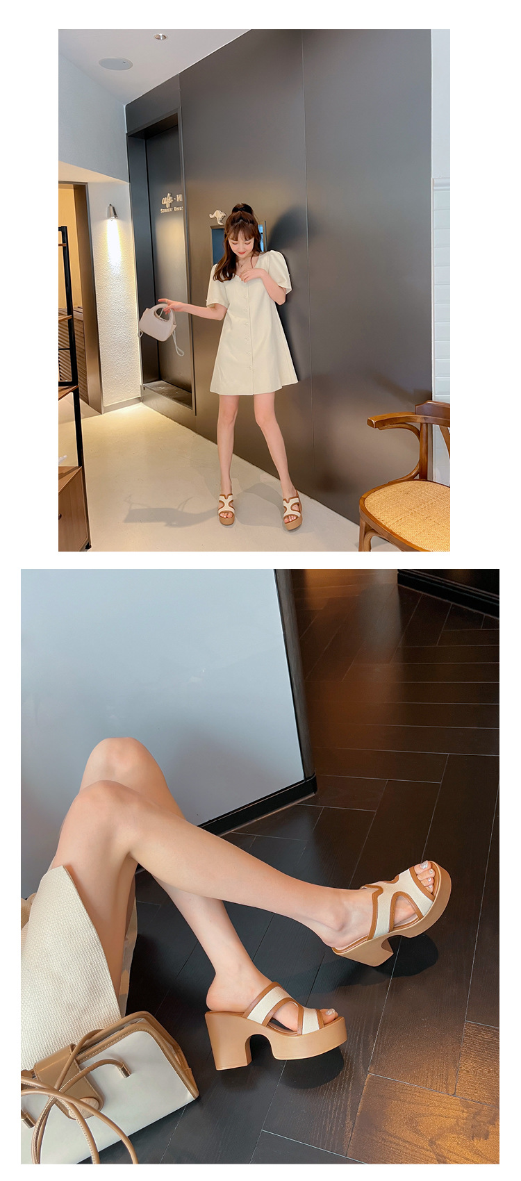 Dép sandal nữ quai chữ V da bò cao cấp đế xuồng dày, gót thô hở mũi, mùa hè — màu kaki chi tiết 8