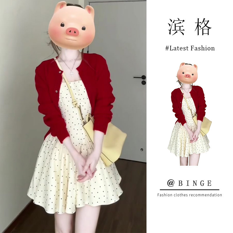 Korean Style Gentle Elegant Red Knitted Cardigan Jacket Polka Square Collar Sling dress Women's Spring and Summer New suit