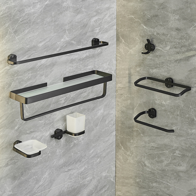 black Shower Room Shelf suit TOILET Towel rack toilet Wall hanging Space aluminum Clothes hook Punch holes Towel Ring