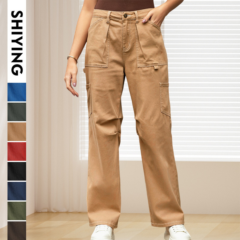 Trendy European and American Style Solid Color Straight-Leg Cargo Pants for Women, Cross-Border Autumn New High-Waisted Casual Long Pants with Pockets Trendy European and American Style Solid Color Straight-Leg Cargo Pants for Women, Cross-Border Autumn New High-Waisted Casual Long Pants with Pockets