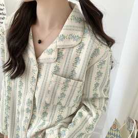 实拍2024秋冬睡衣女加厚夹棉空气层碎花长袖长裤家居服套装女批发