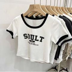 女童夏裝短袖T恤寶寶洋氣兒童個性潮牌拼色字母短款時髦網紅半袖